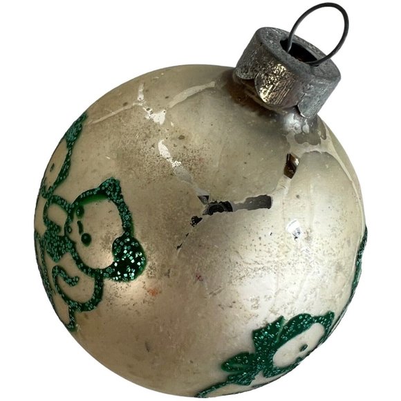 3 Vintage Shiny Brite Christmas Ornaments Teddy Bear Stencil Glitter Green White - Picture 4 of 12